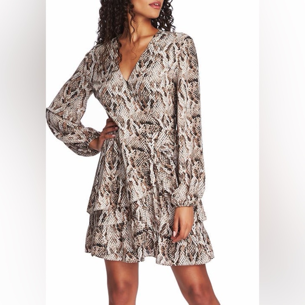 Snakeskin Print Ruffled Long Sleeve Wrap Dress